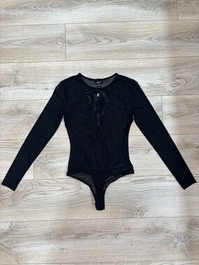 Marciano by Guess Sheer Lace-Panel Long Sleeve Black Bodysuit